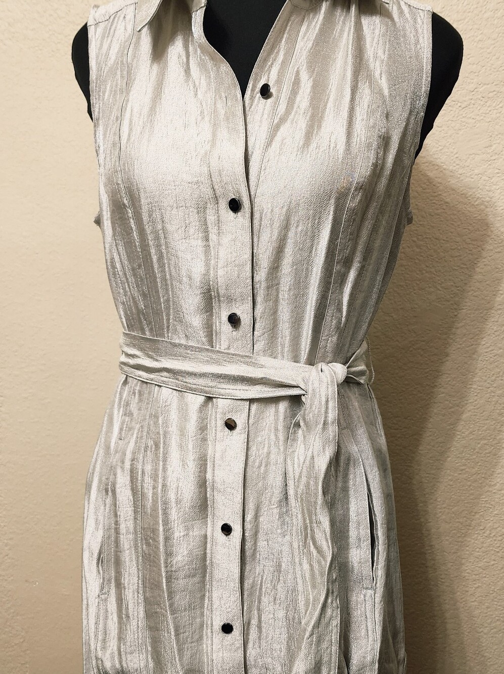 Sleeveless Button Front Dress Tie Belt Silver White House Black Market